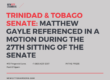 Trinidad & Tobago Senate: Matthew Gayle Referenced In A Motion During The 27th Sitting Of The Senate